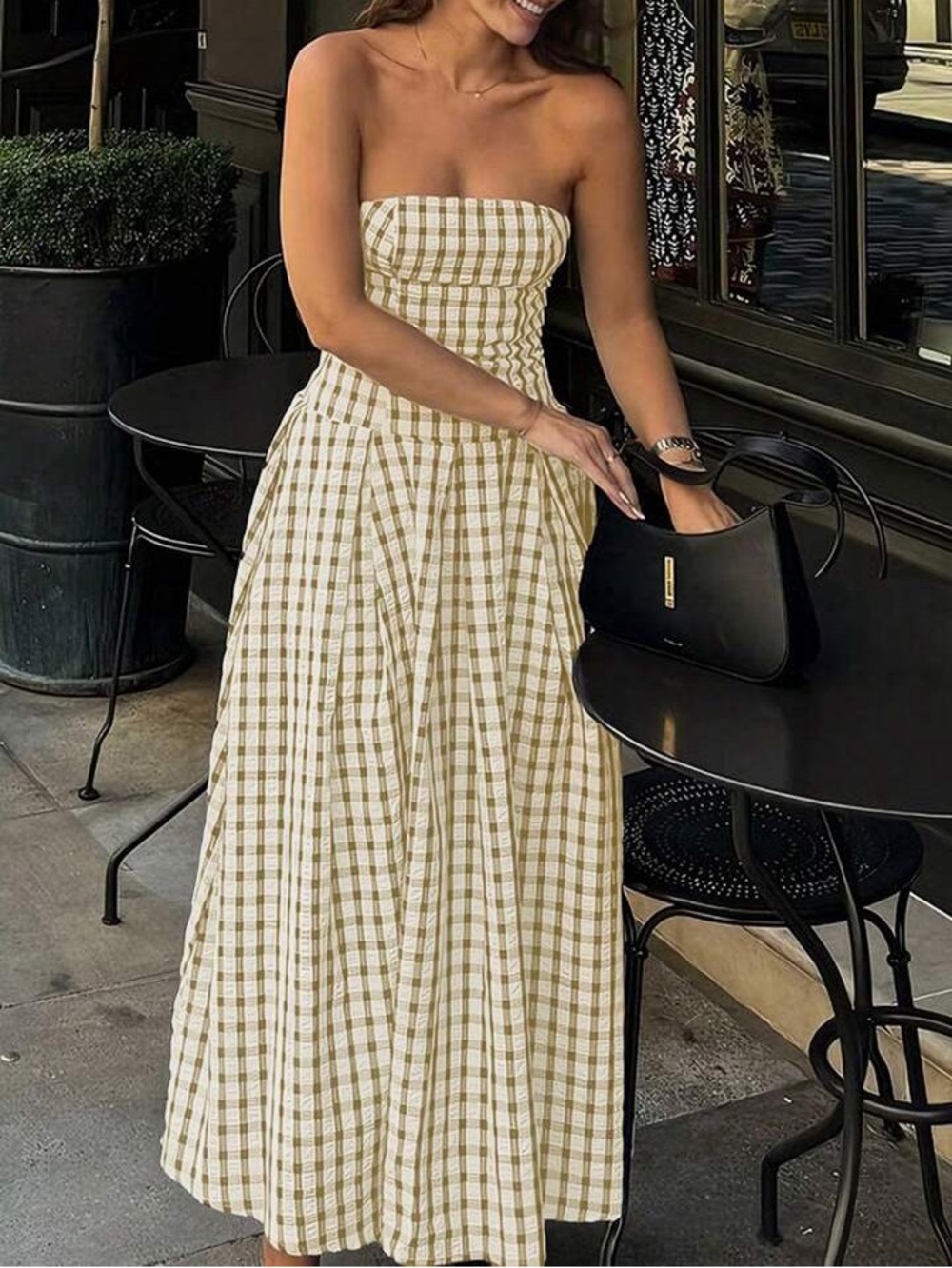 NWOT SHEIN Strapless Gingham Maxi Dress in Cream and Tan
